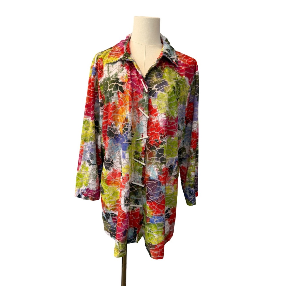 Ali Miles XL Abstract Floral Burnout Toggle Button Up Tunic Top Artsy Colorful